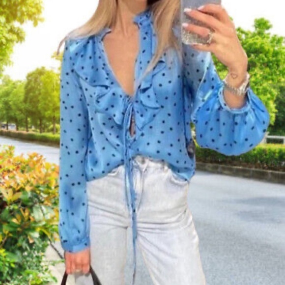 Y2K ZARA Blue-black polka-satin Deep V lace up ruffle coquette satin blouse S - Picture 1 of 10